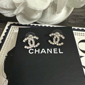 CHANEL Large Classic Silver Crystal CC Earrings